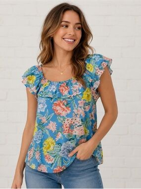 LOFT Floral Ruffle 100% Cotton Blue Multicolor Lightweight Blouse Large